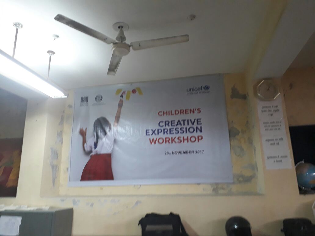 A Children’s Creative Expression Workshop by UNISEFThe November 20, 2017 -  A Children’s Creative Expression Workshop was organized by UNISEF wherein our 60 students from Jhalana have participated. It was initiated by our volunteer Ms Shradha Jain of Art Ghar and was at Adult Education Center, Jhalana.